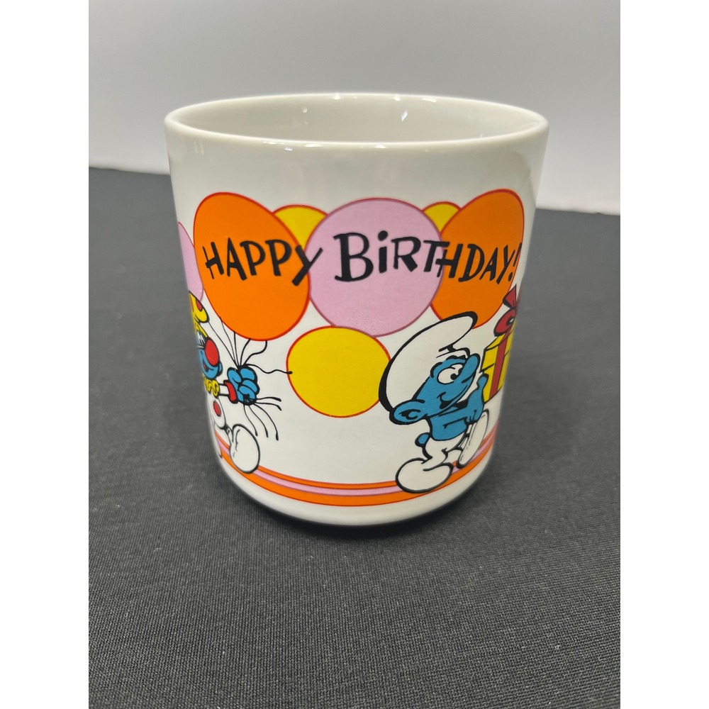 Vintage Smurfs Happy Birthday Coffee Mug Peyo Ceramic Collectible White 1980s
